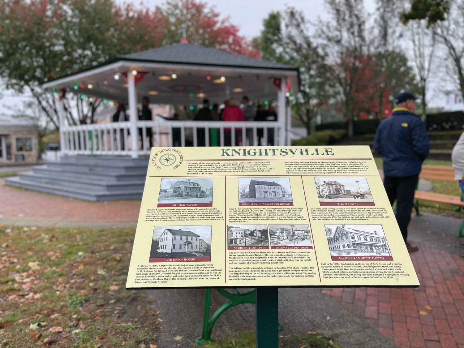 RICH PAST: A Cranston Discovery Network sign near the Knightsville Gazebo highlights historic structures within the area, which has deep ties to Cranston’s sister city of Itri, Italy.